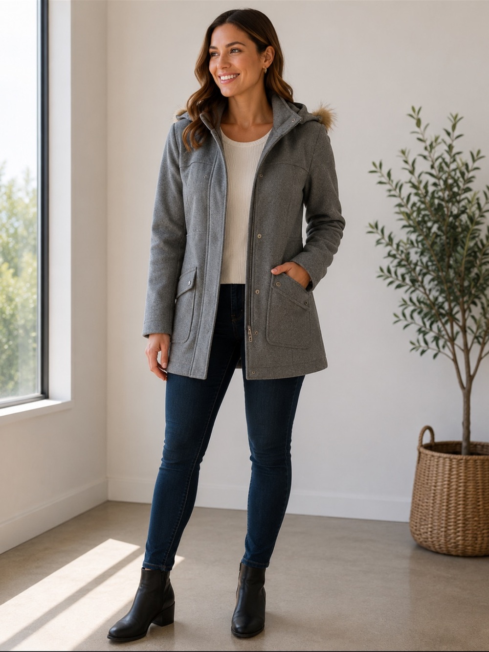 Express Women’s Gray Hooded Wool-Blend Coat